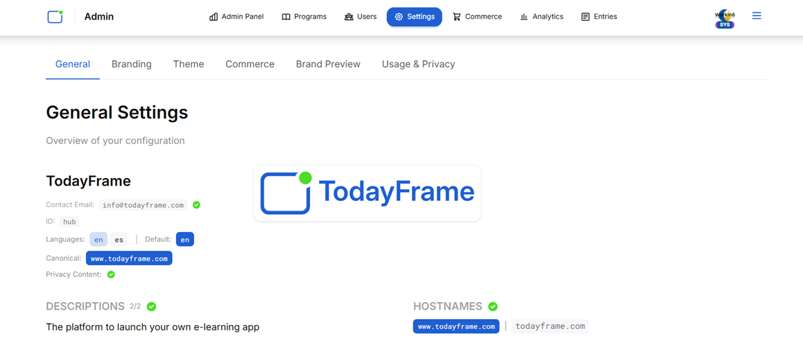 Vista de configuración del panel de administración de TodayFrame